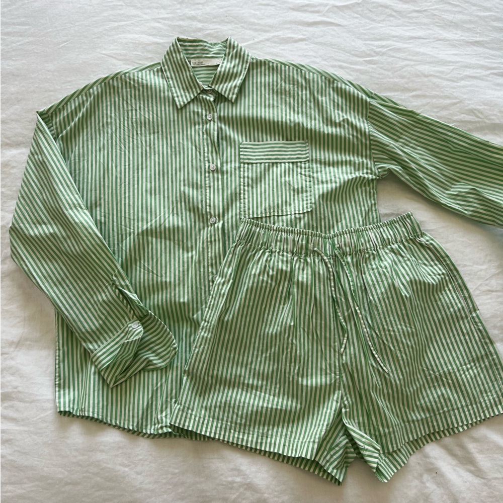 Oak + Fort matching boxer and button down set, green and white stripe, size S